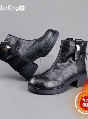 蜘蛛王女鞋2025冬季新款加绒保暖黑色粗跟短靴复古后拉链时装靴女