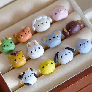 原创设计 十二生肖动物 可爱 萌系 手工 手作陶土 戒指 创意礼物