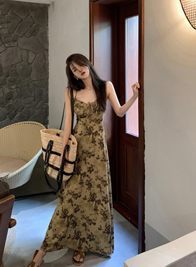 Middletone 赤茶玫瑰~法式复古水墨印花显瘦吊带上衣连衣裙长裙