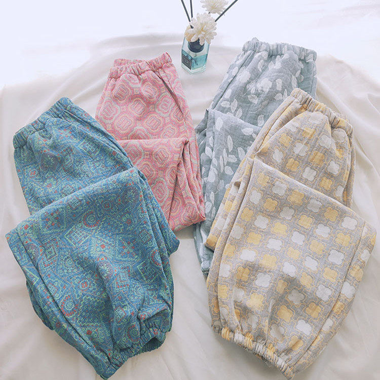 春夏提花灯笼睡裤女长裤纯棉纱布可外穿薄款宽松收口防蚊家居裤子