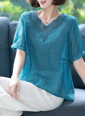 新款中老年花边上衣女士短袖妈妈宽松小衫夏t恤绣花V领休闲宽衬衫