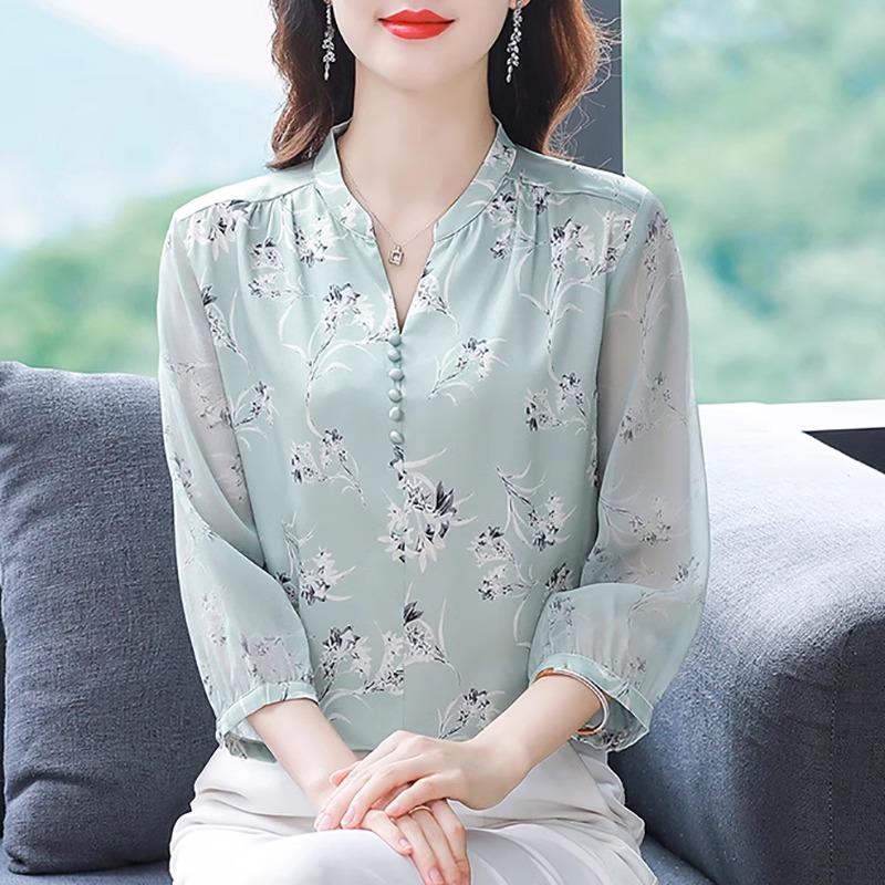 妈妈新款印花衬衫女士夏季洋气别致显瘦小衫中老年气质七分袖上衣