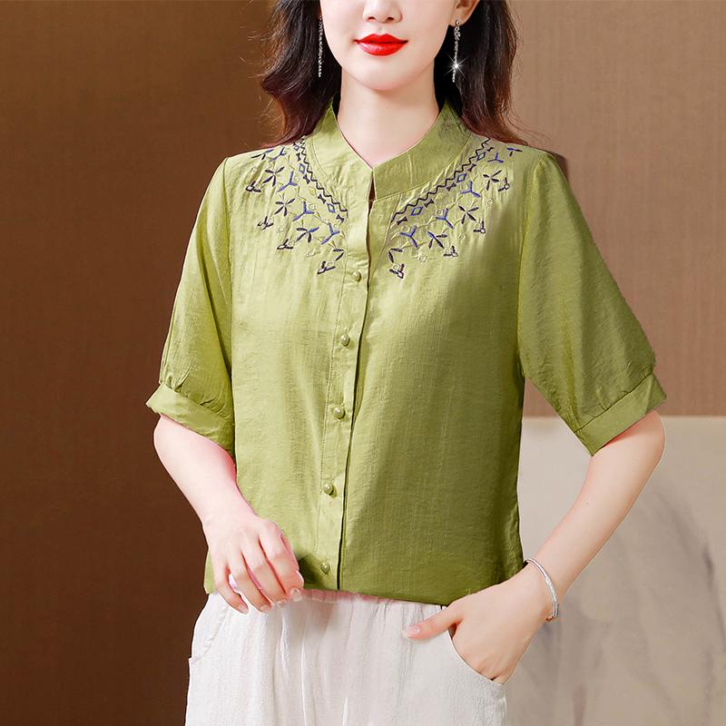 夏装妈妈时尚绣花简约上衣新中式女短袖洋气减龄小衫宽松遮肚衬衫