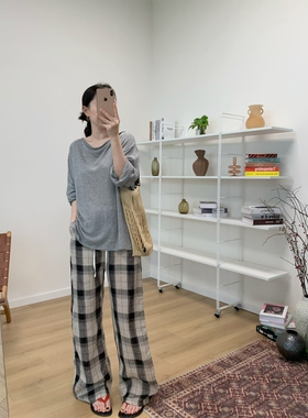 MKDesign 夏季新品 无敌显瘦轻薄夏季亚麻格纹拖地长裤