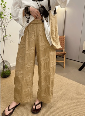 MKDesign 夏季新品  薄款棉麻立体绣花9分宽松哈伦小阔腿裤