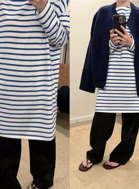 MKDesign 2024秋季新品 撞色蓝白条纹中长款一字领休闲宽松T恤裙