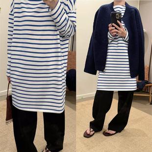 MKDesign 2024秋季新品 撞色蓝白条纹中长款一字领休闲宽松T恤裙