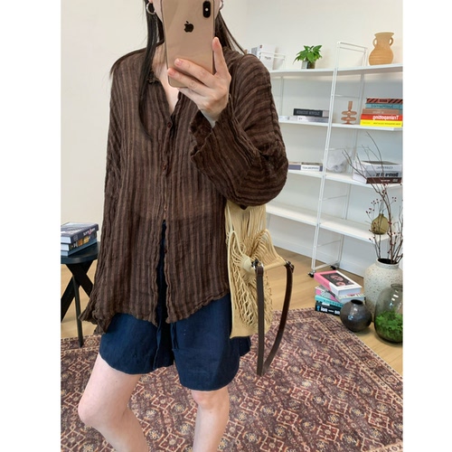 MKDesign 夏季新品 洗水做旧复古条纹亚麻防晒超薄衬衫