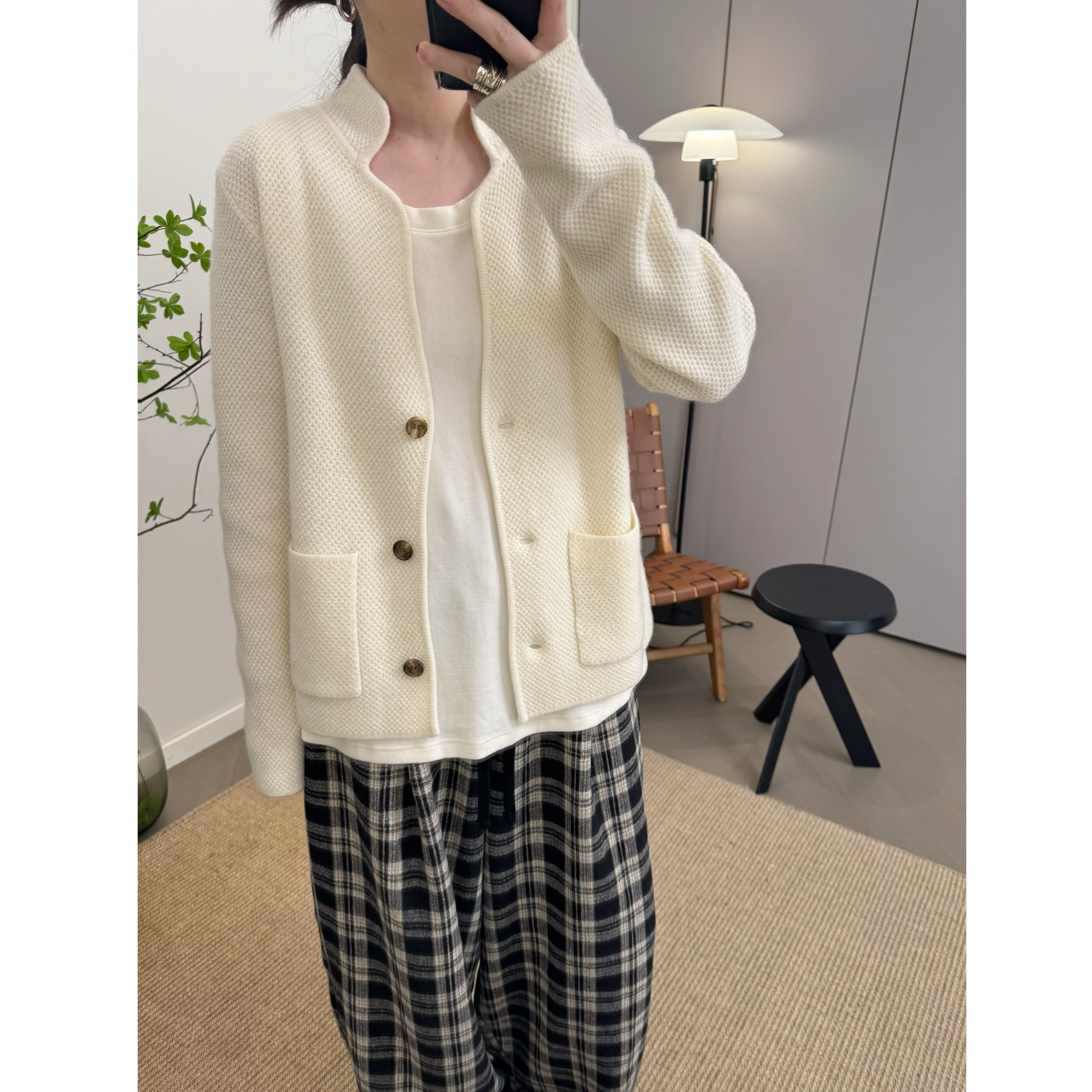 MKDesign 秋冬新品羊毛气质休闲立领简约针织开衫外套