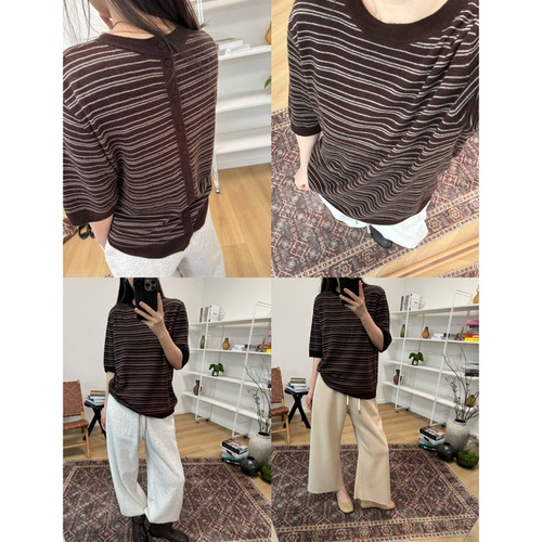 MKDesign 秋季新品 后背纽扣针织百搭条纹针织套头短袖毛衣