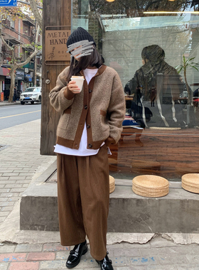 MK Design2020冬季条纹休闲日系高腰直筒长裤小阔腿裤垮裤长裤女