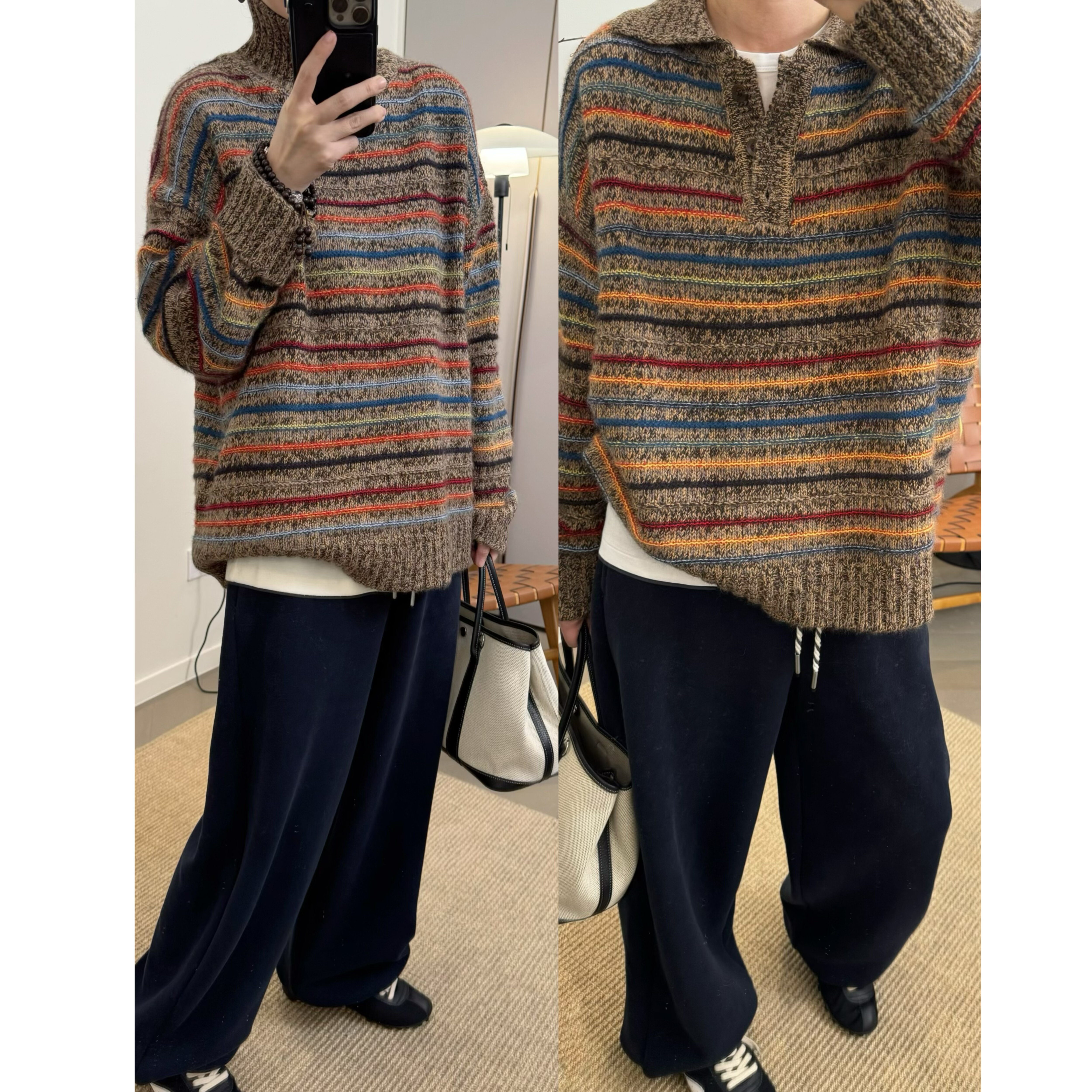 MKDesign 冬季新品 羊绒羊毛彩虹条高品质高领翻领厚套头毛衣