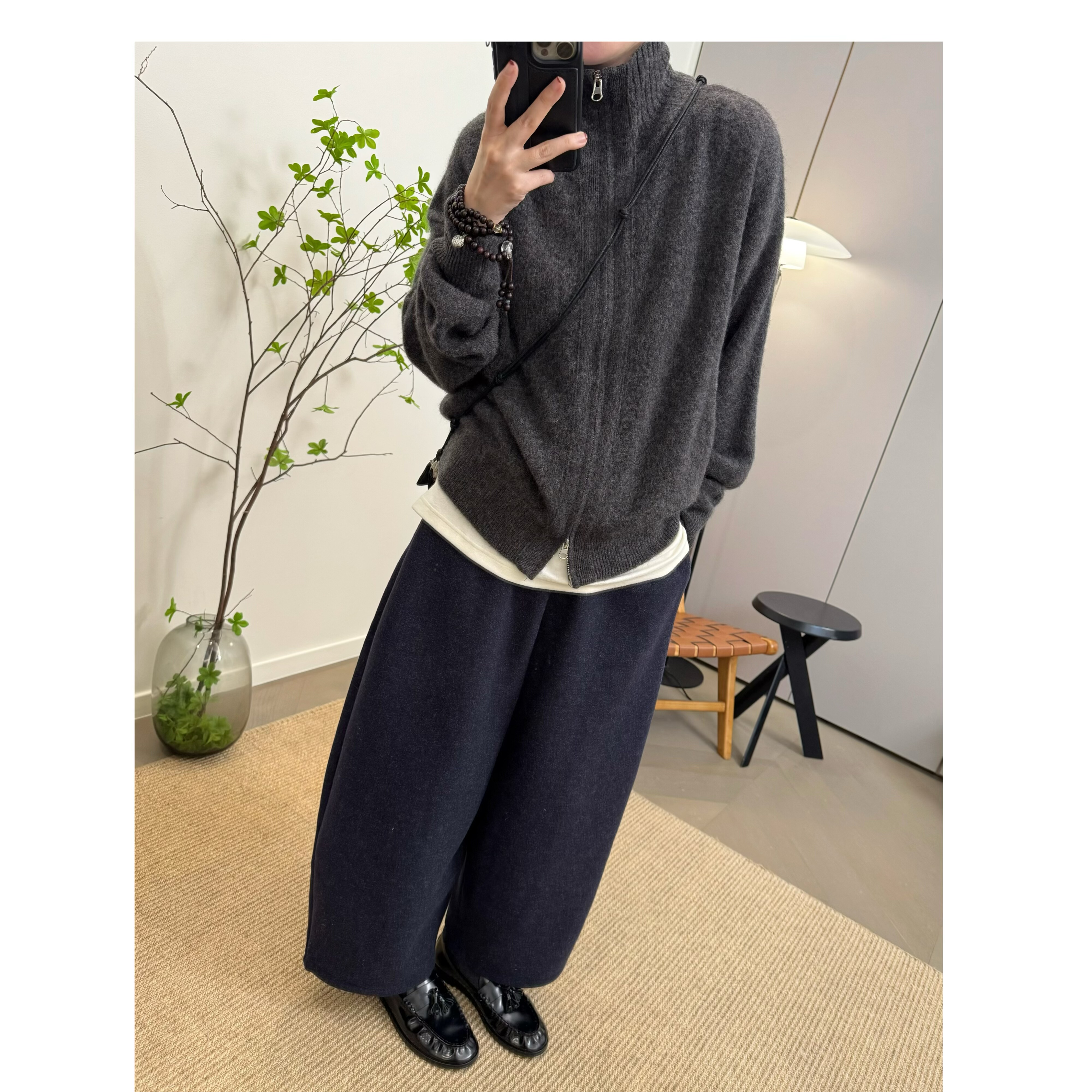 MKDesign 冬季新品 100羊毛拉毛长毛立领拉链针织宽松毛衣外套