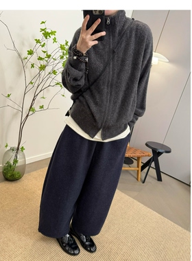 MKDesign 冬季新品 100羊毛拉毛长毛立领拉链针织宽松毛衣外套