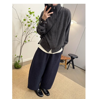 MKDesign 冬季新品 100羊毛拉毛长毛立领拉链针织宽松毛衣外套