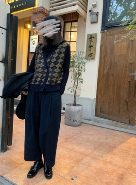 MK Design冬季版型超赞休闲日系黑色宽松羊毛直筒裤垮裤女