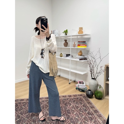 MKDesign 夏季新品 超薄全棉显瘦九分条纹微喇叭裤