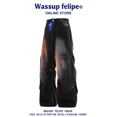 WASSUP高街做旧阔腿牛仔裤男