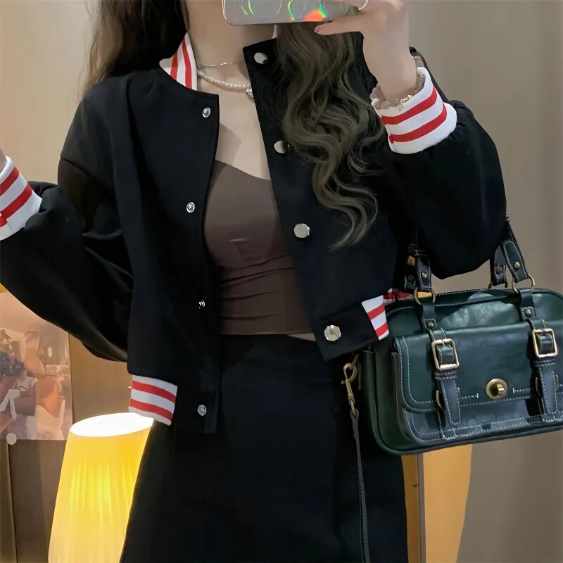 韩系短款棒球服外套女春秋新款百搭小个子开衫个性潮流长袖上衣女