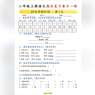 25年二年级上册语文数学21天复习打卡每日10分钟巩固基础全套练习