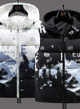 大码休闲马甲男士青年秋冬羽绒棉连帽双面穿印花防风学生加厚马夹