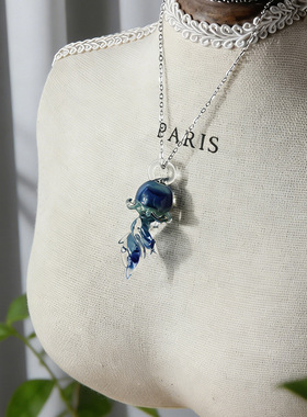 淄博琉璃水母吊坠项链纯手工水晶玻璃饰品配饰高级感小众轻奢礼物