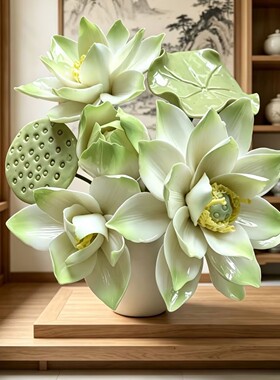 新中式陶瓷莲花摆件纯手工荷叶莲蓬客厅茶室装饰花手捏工艺摆设