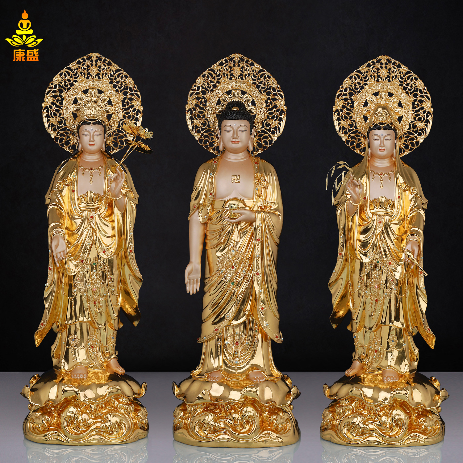 台湾铜贴金西方三圣铜像阿弥陀佛大势至菩萨南海观音佛像家用摆件