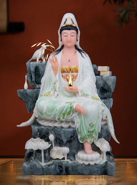 汉白玉自在观音菩萨佛像家用供奉
