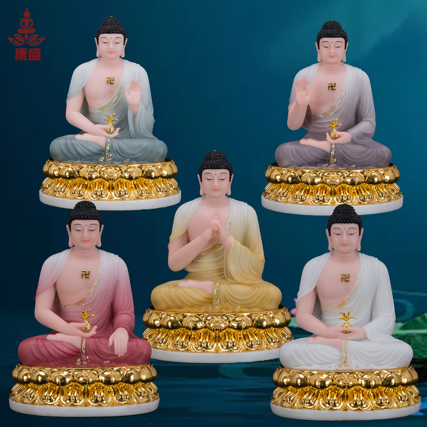 汉白玉药师如来五方佛像家用摆件
