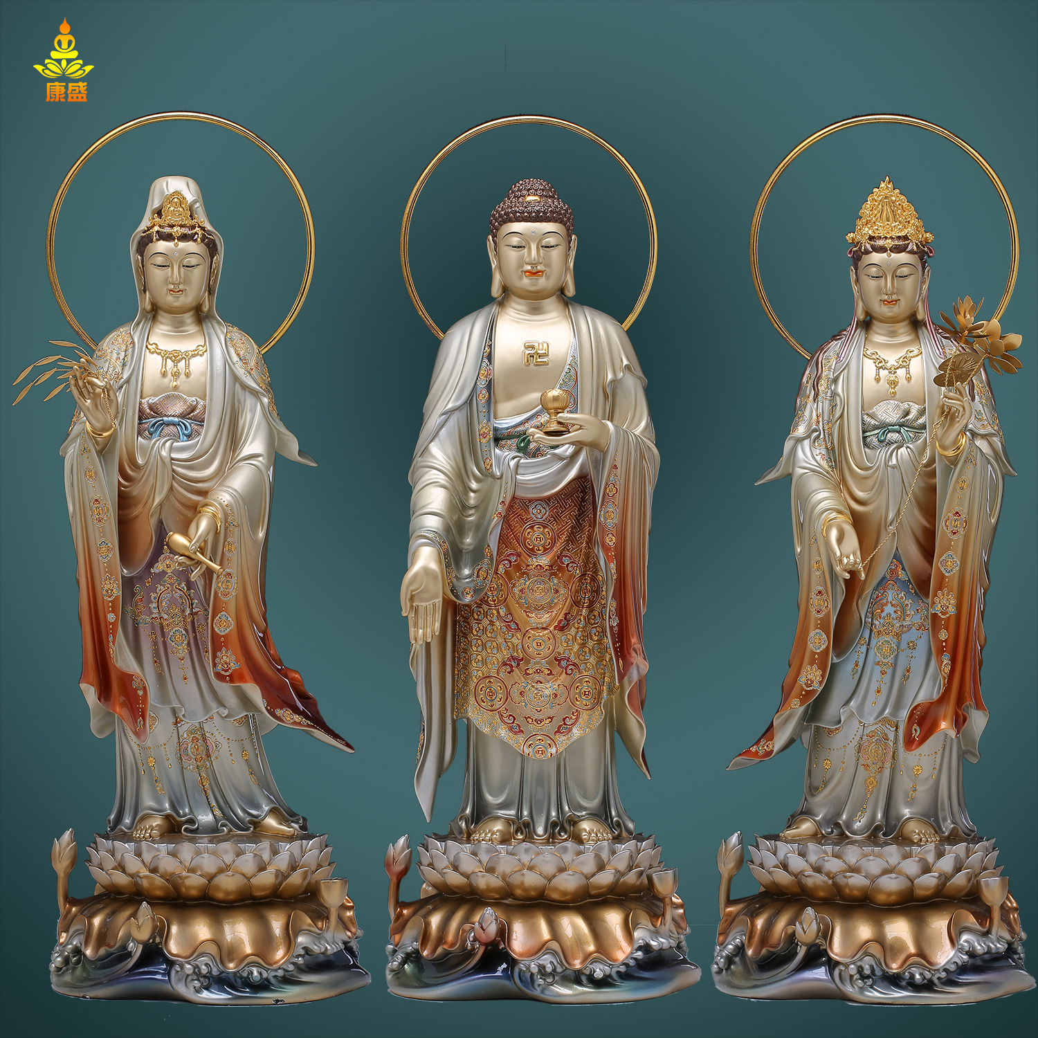 西方三圣阿弥陀佛南海观音菩萨大势至菩萨纯铜贴金佛像工艺品摆件