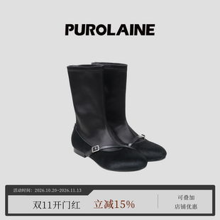 PUROLAINE 朴羚·原创设计「Album」拼接扣带不对称设计弹力短靴