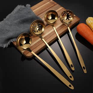 304不锈钢加厚金色汤勺火锅勺汤壳漏壳漏勺粥勺漏勺子长柄家用