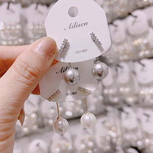 艾莉森时尚流行韩版耳饰人工锆石微镶一字后挂式珍珠耳坠925银针