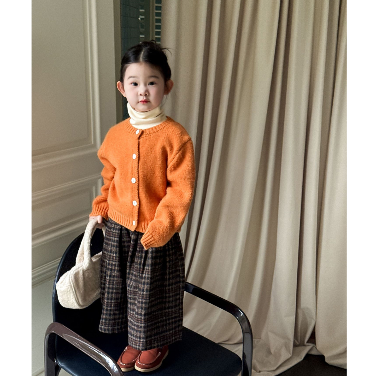 儿童南瓜色显白毛衣开衫韩版秋冬款男女童粗毛线针织衫宝宝格子裤