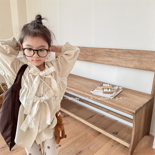 女童韩版蝴蝶结水洗棉中长款衬衫