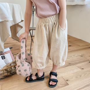 夏装 儿童宝宝透气百搭防蚊裤 棉麻花边7分裤 薄款 子潮 夏季 女童韩版