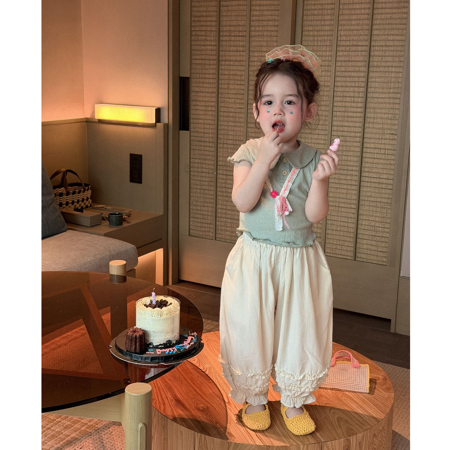 女童翻领短款紧身T恤韩版夏装儿童弹力短袖打底衫宝宝花边休闲裤
