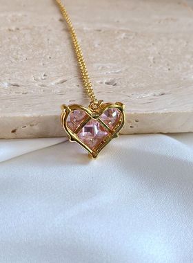 锆石金属十字链女式心形项链