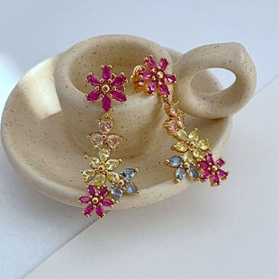 新款时尚青松石通勤小众设计彩色锆石镶嵌花朵金属耳坠