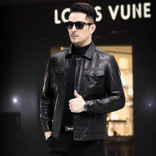 今年流行特惠男士 海宁油蜡牛皮头层夹克羽绒羊羔毛领可脱卸翻领