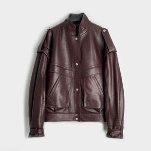 今年流行特惠HN4260真皮皮衣新西兰泡皮小立领小众设计插袋廓形