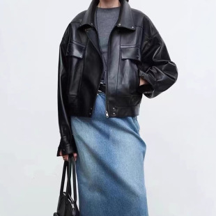 今年流行特惠港风Y 廓形真皮夹克 L进口羊皮覆古宽松皮衣潮女短款