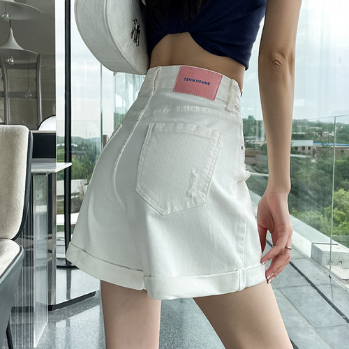 白色卷边高腰牛仔短裤女夏季薄款