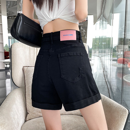 黑色卷边牛仔短裤女夏季薄款