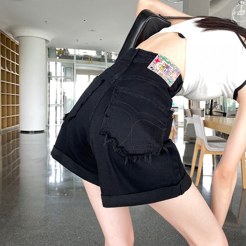 夏季黑色高腰牛仔短裤女