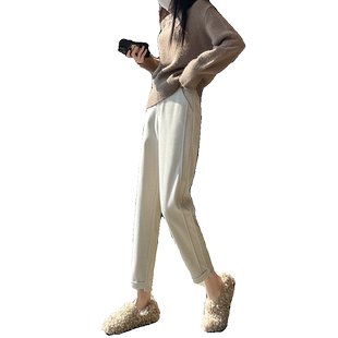 加绒毛呢裤子女秋冬季小个子高腰休闲宽松直筒西装裤八九分烟管裤