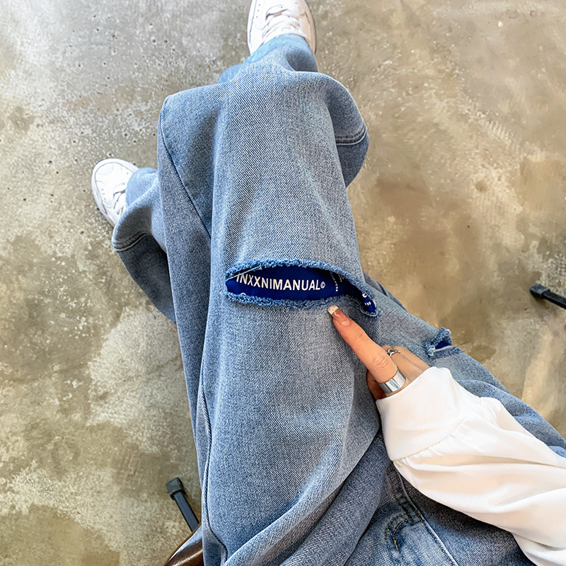 阔腿裤长裤破洞高腰显瘦牛仔裤