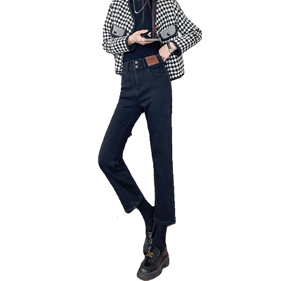 黑色加绒直筒牛仔裤女