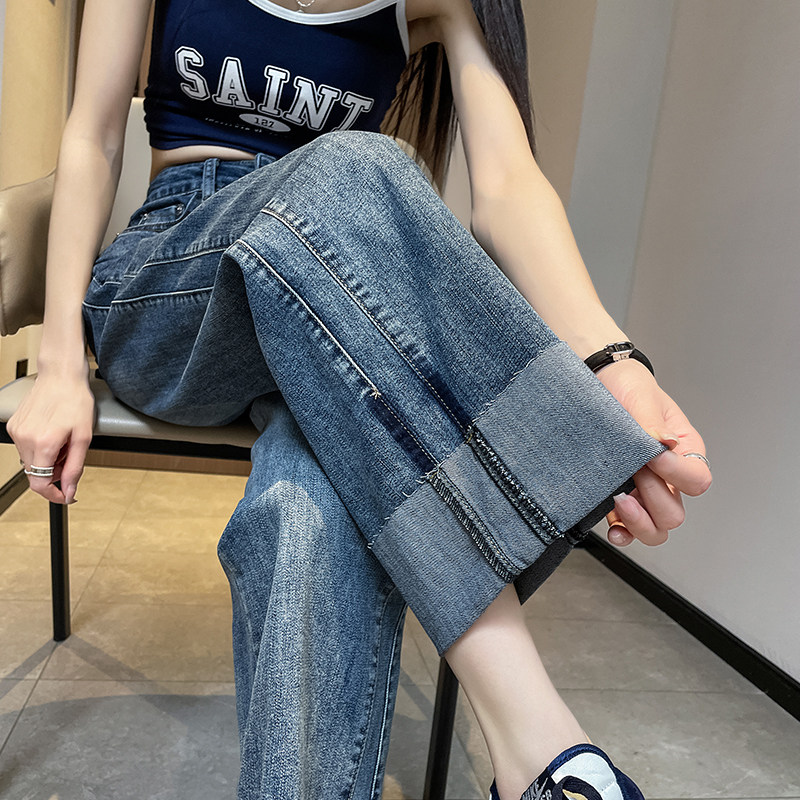 小个子阔腿牛仔裤女2025春秋新款裤子宽松大码高腰挽边九分直筒裤,女装/女士精品,牛仔裤,淘宝优惠券,粉丝福利购,淘宝优惠卷